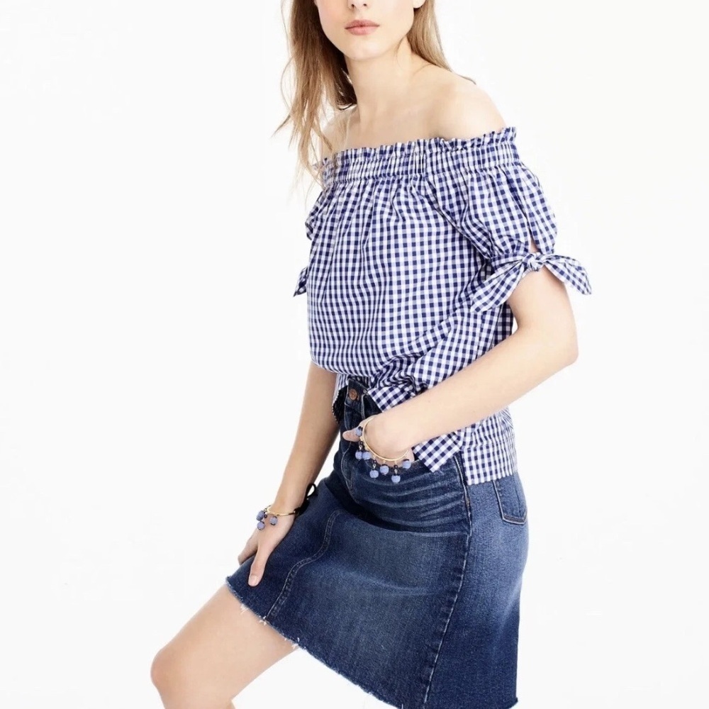 J. Crew 100% Cotton Blue and White Gingham Off the Shoulder Tie Blouse